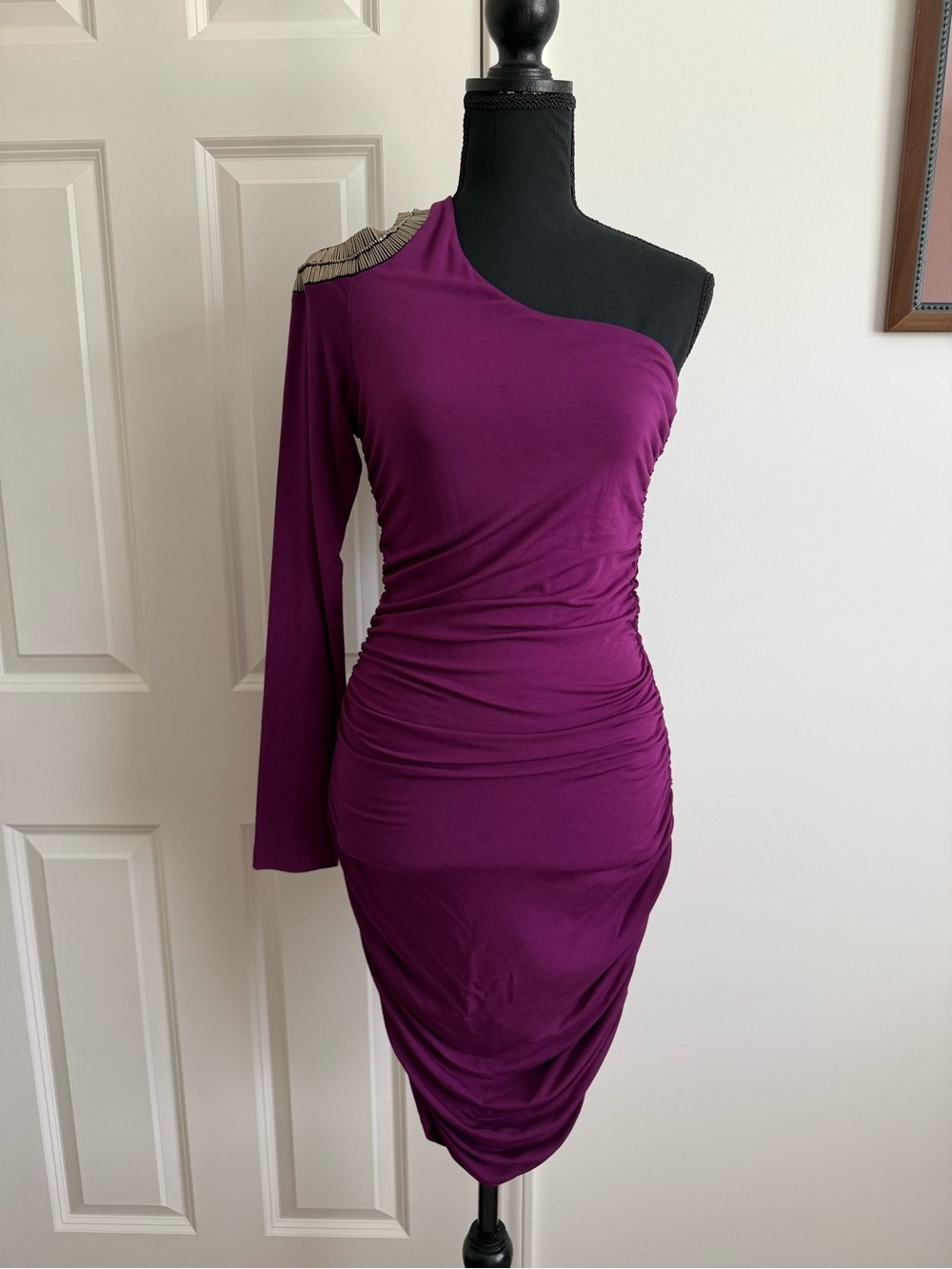 Tart One-Shoulder Ruched Purple Dress with Gold Shoulder Detail